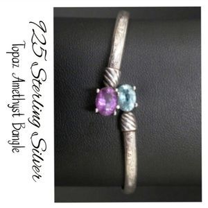 Vtg. Blue Topaz Amethyst 925 Sterling Silver Bangle Bracelet